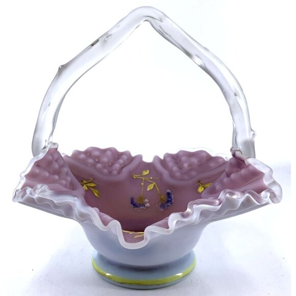 Brides Basket Glass Antique Victorian Enamel Floral Purple Satin Bowl 7" x 7" - Picture 3 of 8